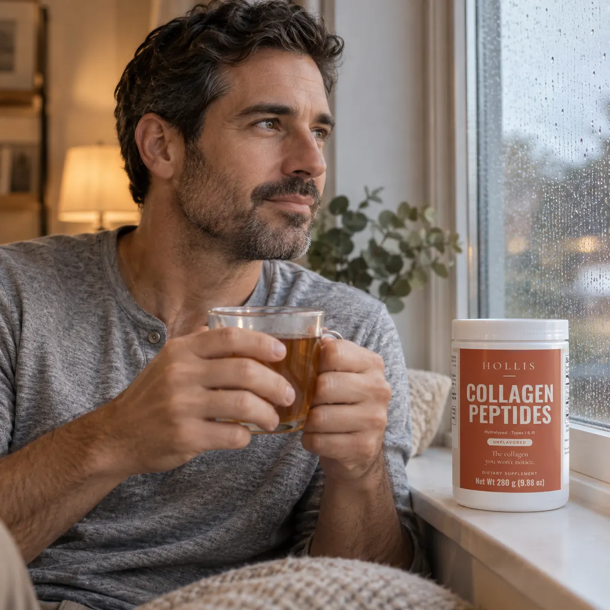 A man holding a cup of tea by a window, the Hollis container on the sill