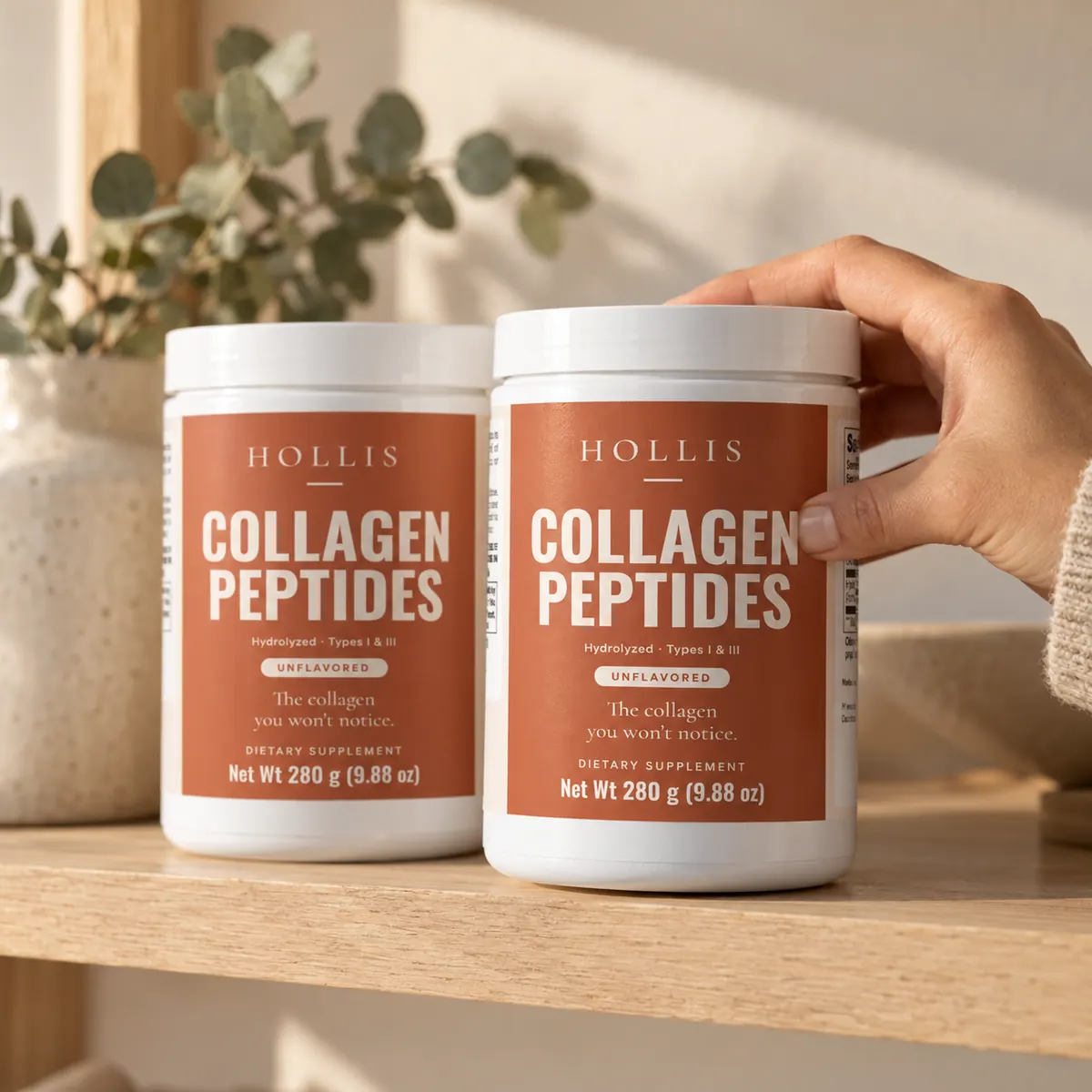 Two containers of Hollis side by side